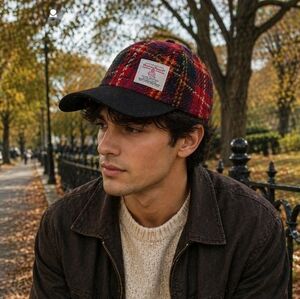 Harris Tweed Plaid Cap Glen Appin Scotland Red Black Wool Hat Adjustable OS